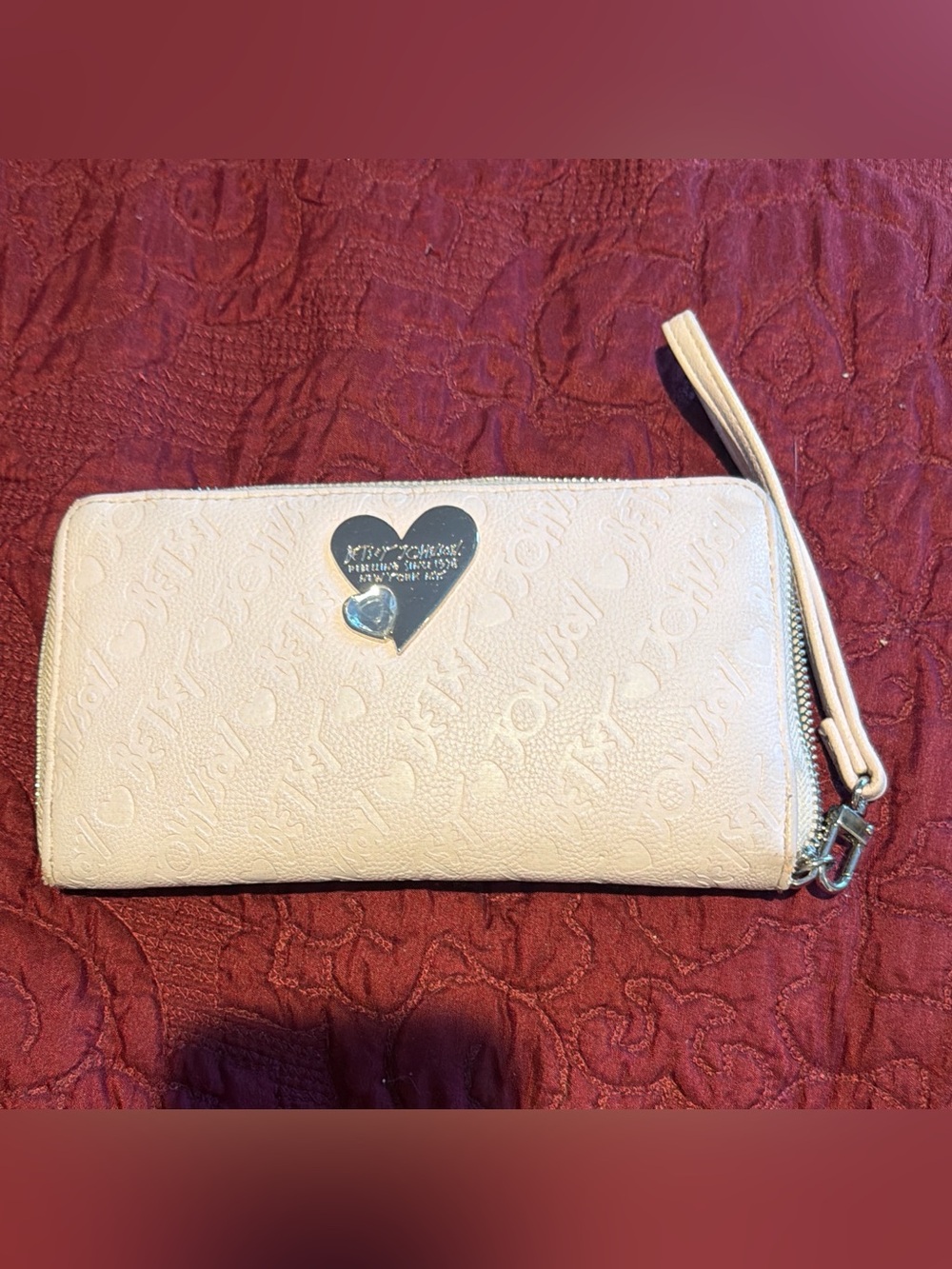 Betsey Johnson Light Pink Zip-Around Wristlet Wallet with Heart Plaque